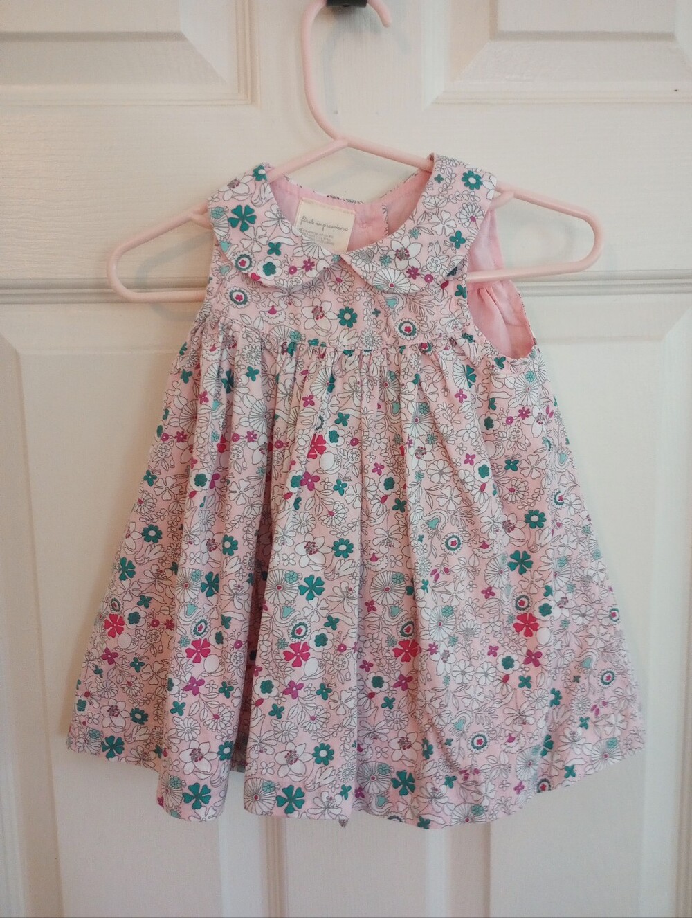 First Impressions Pink Floral Dress With Green Accents And Buttons On Back 6-9m